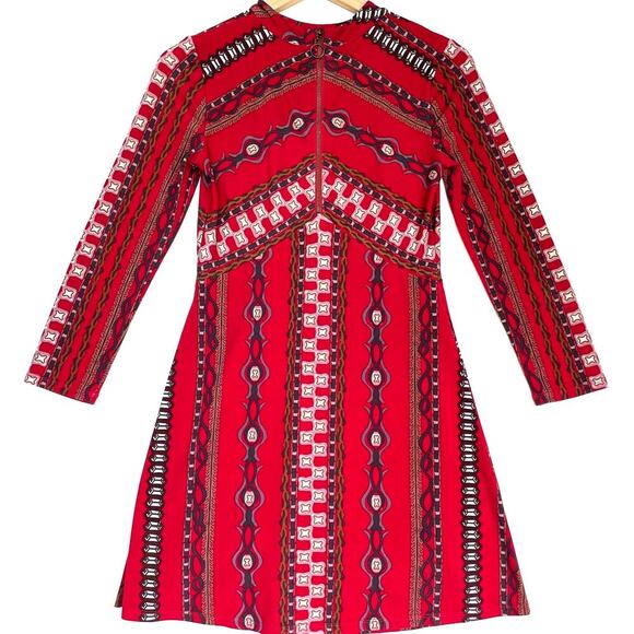 FREE PEOPLE Stella Dress Womens XS Red Bold Print Knit Mini Long Sleeve Boho - Picture 3 of 12